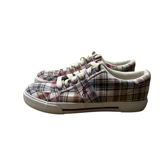POLO RALPH LAUREN Madras Maroon / Tan Plaid‎ Humberto Canvas Sneakers Size 8D - Picture 6 of 9